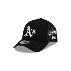 Athletics Side Script Black 9FORTY A-Frame Trucker Hat